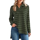 MASCOMODA Womens Sweaters Fall 2025 Oversized Striped Sweater Long Sleeve Polo V Neck Loose Side Slit Knitted Tunic Tops