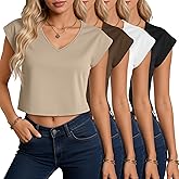 Velvelhall 4 Pack Women's V Neck Cropped Tops Cap Sleeves Short T Shirts Loose Fit Casual Summer Crop Basic Solid Tees