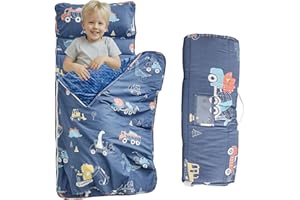 DuShow Cotton Toddler Nap Mat with Zipper,Detachable Minky Blanket and Removable Pillow,Soft Slumber Bags for Boys,Kids Sleep
