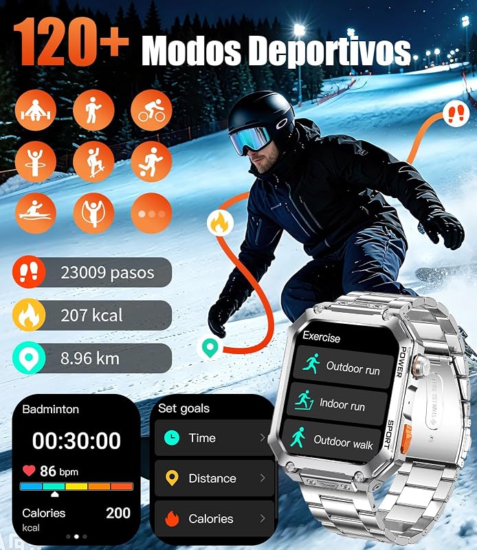 Reloj Inteligente Hombre con Gran Pantalla HD de 2,01" y 2 Correas, Llamadas Bluetooth, Frecuencia Cardíaca 24H, 120+ Modos Deportivos, IP68, Compatible con Android e iOS, EF2-M — foto 4 de 7
