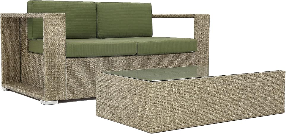 Amazon Com Baner Garden N252 Two Piece Outdoor Patio Aluminum Frame Sofa Set Rattan Furniture One Sofa And Table With Cushions Beige Garden Outdoor