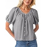 MISSACTIVER Plaid Puff Short Sleeve Shirts Women Button Down Crew Neck Babydoll Tops Summer Flowy Gingham Peplum Blouse