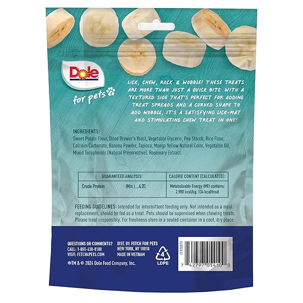 DOLE FOR PETS FRESHLY FETCHED LASTING CHEW BANANA FLAVOR DOG TREATS, MEDIUM AND LARGE BREEDS, NO WHEAT, CORN, SOY, ARTIFICIAL FLAVORS, COLORS, OR ANIMAL PRODUCTS, 8 OUNCES, 5 CHEWS