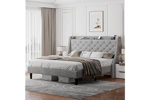 Feonase King Bed Frame with Luxury Wingback Upholstered Button Tufted Storage Headboard, King Platform Bed with Charging Station, Sturdy Wooden Slats Support, Noise-Free, Easy Assembly, Light Gray