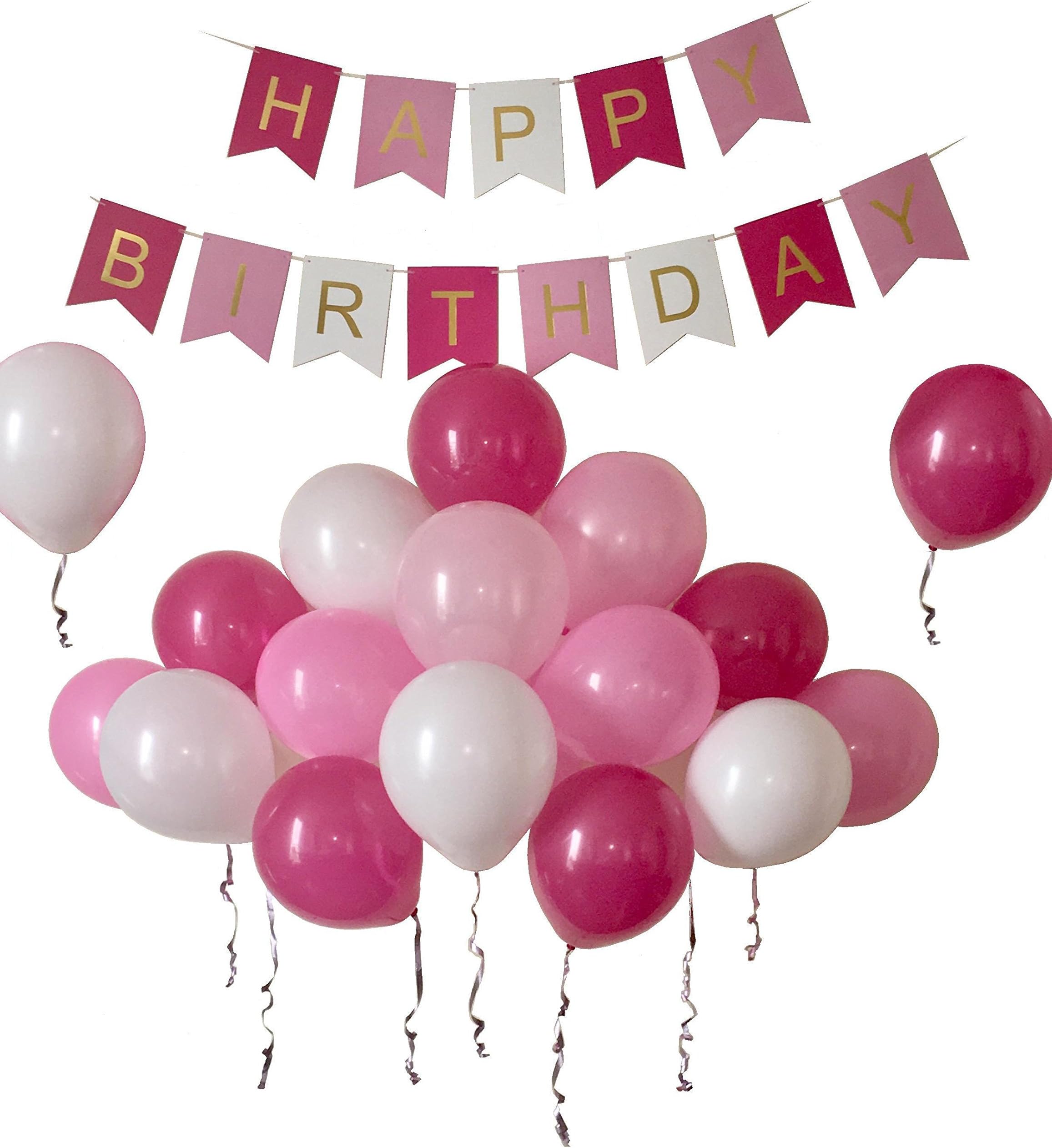 Pink Happy Birthday Party Decorations Bunting Banner Set with matching 32 piece Latex Party Balloons and Ribbon