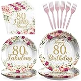 96Pcs 80th Birthday Decorations for Women Rose Gold Floral 80th Birthday Plates and Napkins Tableware Sets 80 and Fabulous Party Decorations for Womens 80 Years Old Party Supplies Serves 24