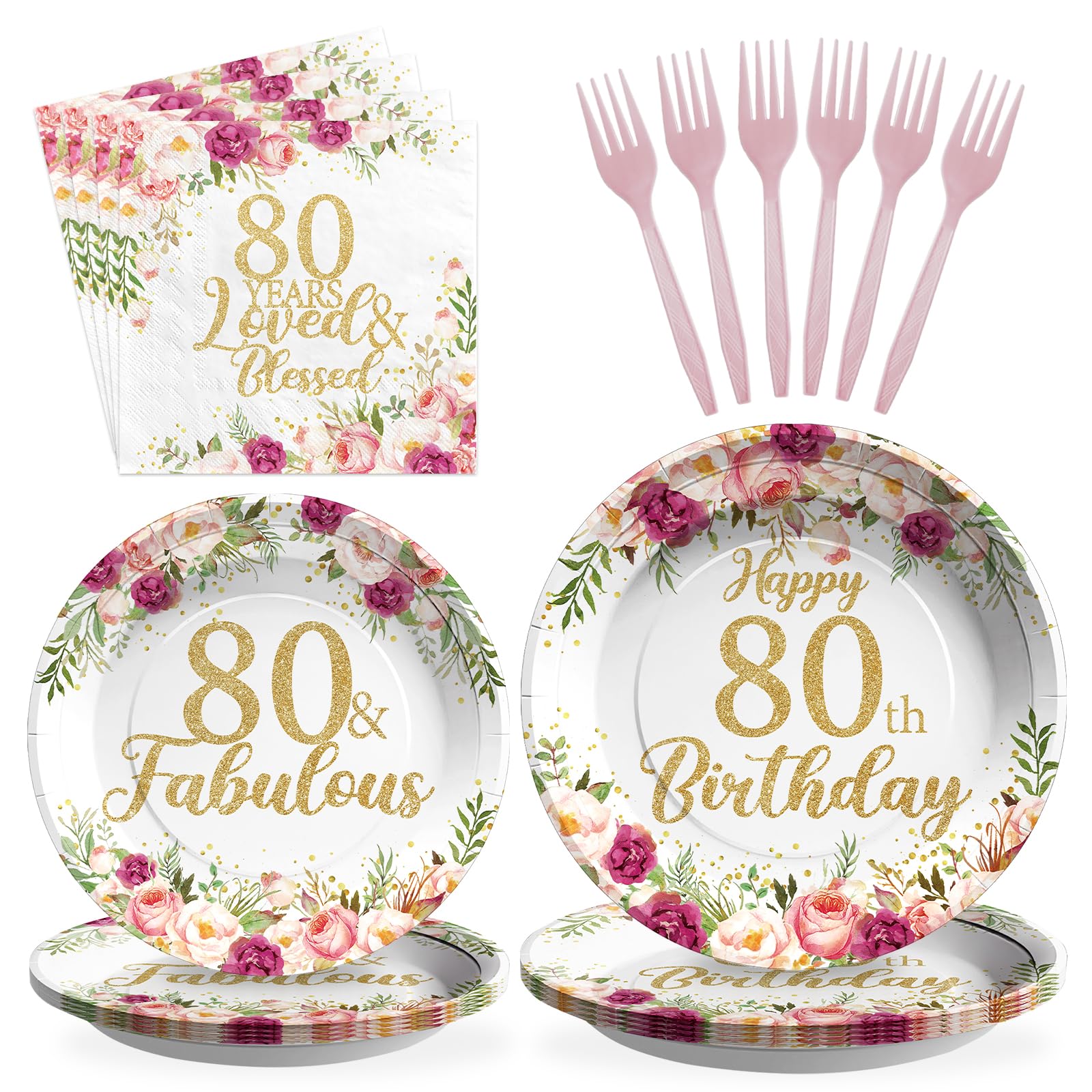 Photo 1 of 96Pcs 80th Birthday Decorations for Women Rose Gold Floral 80th Birthday Plates and Napkins Tableware Sets 80 and Fabulous Party Decorations for Womens 80 Years Old Party Supplies Serves 24
