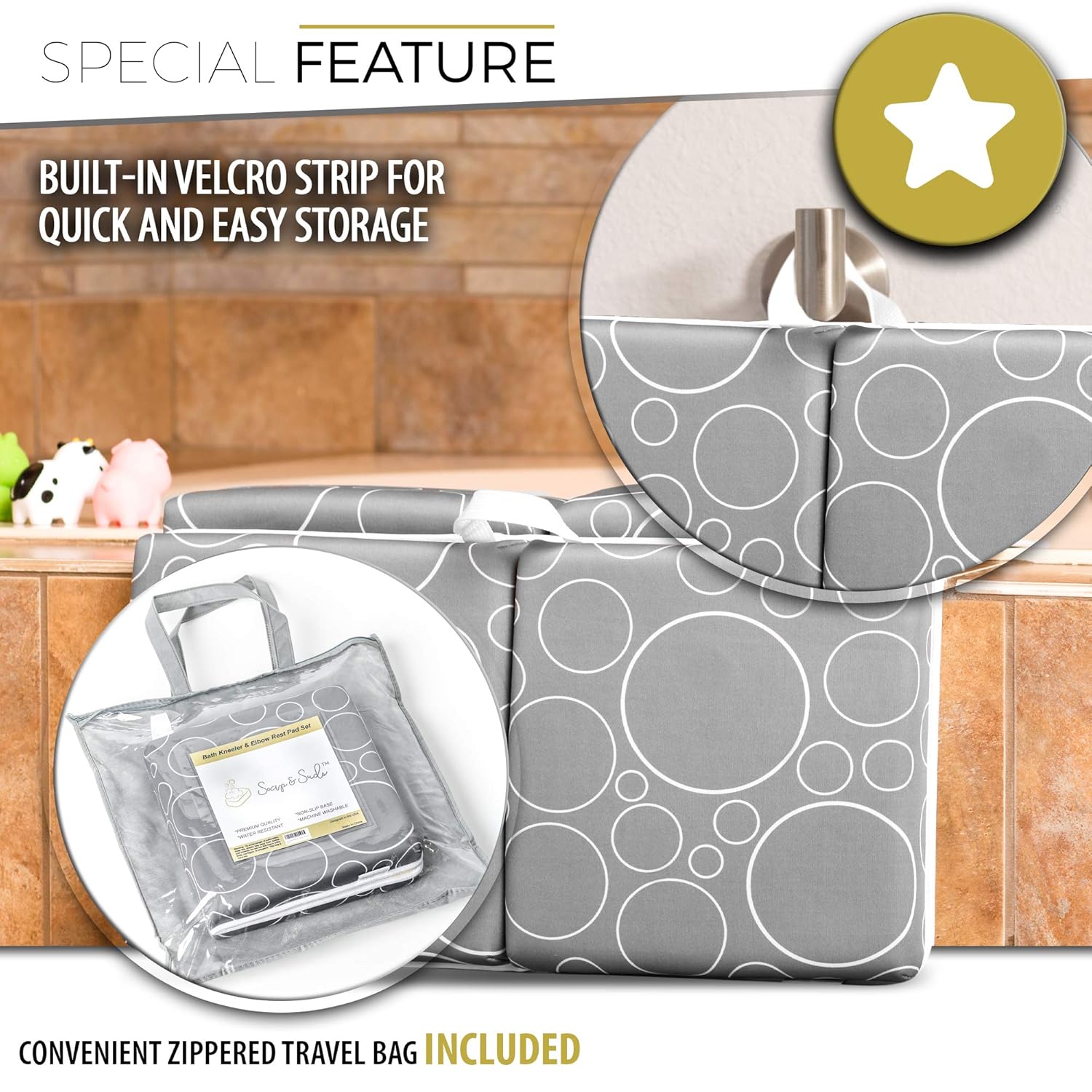 SOAP & SUDS Baby Bath Kneeler and Elbow Rest Pad Set, 1.5 inch Thick Kneeling Pad and Bathtub Elbow Pad Knee Cushion Kneeling Tub Mat with Toy and Baby Accessories Organizer for Bathing - Glacier Gray : Baby
