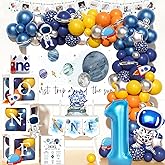 Fiesec First Trip Around the Sun Birthday Decorations, Outer Space 1st Birthday Decorations Balloon Garland Photo Highchair Banner Box Cutout Crown Poster Cake Topper Astronaut Spaceship 125 PCs