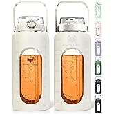 MIGHTY VESSEL 64 oz Glass Water Bottle – White | Leakproof Borosilicate Bottle with Straw, Silicone Sleeve, Time Marker – Half Gallon Hydration for Gym, Travel, Sports