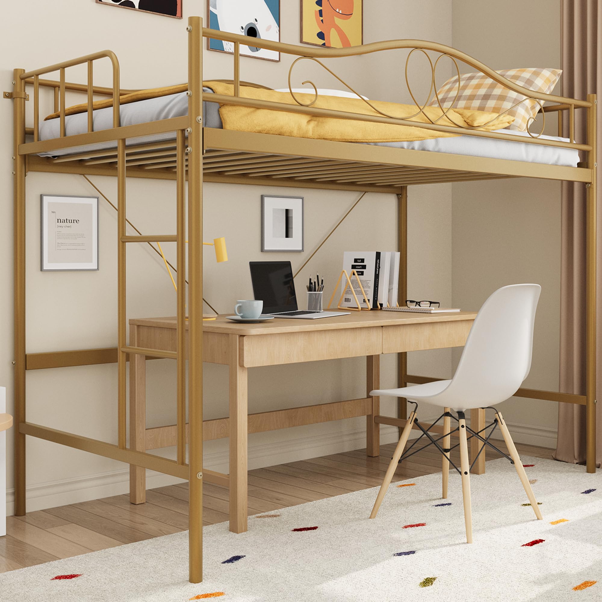 Photo 1 of GarveeHome Loft Bed Twin Size with Removable Ladder & Full Safety Guardrail, Twin Loft Bed Heavy-Duty Metal Frame 400 Lbs Weight Capacity, Space Saving, No Box Spring Needed & Noise Free, Gold