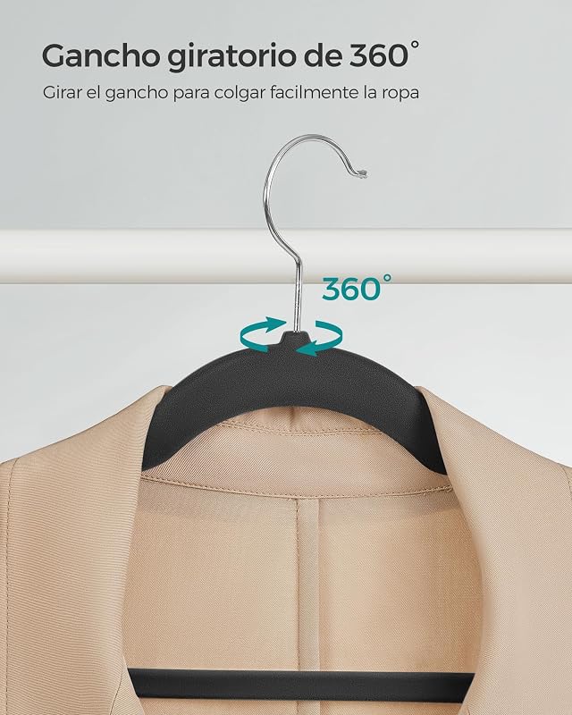Percha de Terciopelo, Juego de 20, Antideslizantes, con Barra Corbata y Gancho Negro, 0,6 cm Espesor, Ahorra Espacio, 41,5 cm Largo, Abrigo Pantalón, Negro Tinta y Plata CRF026B20
