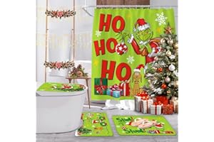 MICEAN 4 Pcs Christmas Bathroom Set, Shower Curtain, Non-Slip Rugs, Toilet Lid Cover and Bath Mat - 72 X 72 Inches with Hooks - Holiday Decor (Styled) (Style4) (Style4)