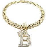 BLINGFACTORY Hip Hop Alphabet Initial B CZ Pendant & 13mm 20" Full Iced Box Lock Cuban Chain Gold Plated Necklace