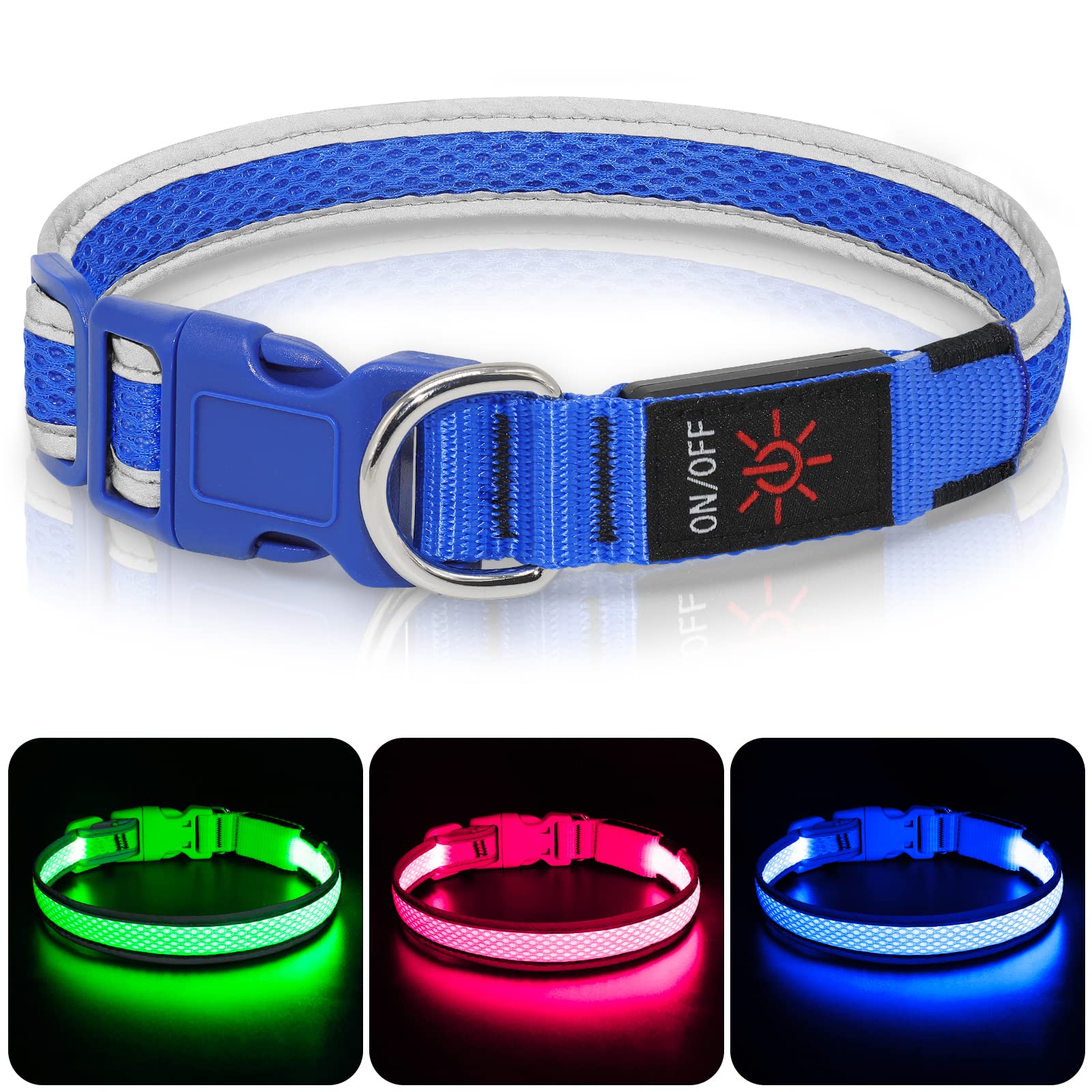 Colaseeme LED Dog Collar,Light Up Dog Collar Rechargeable Waterproof Micro USB Mesh Adjustable Plastic Buckle D Ring Glow Safety Basic Dog Collars for Dogs(Blue, L)