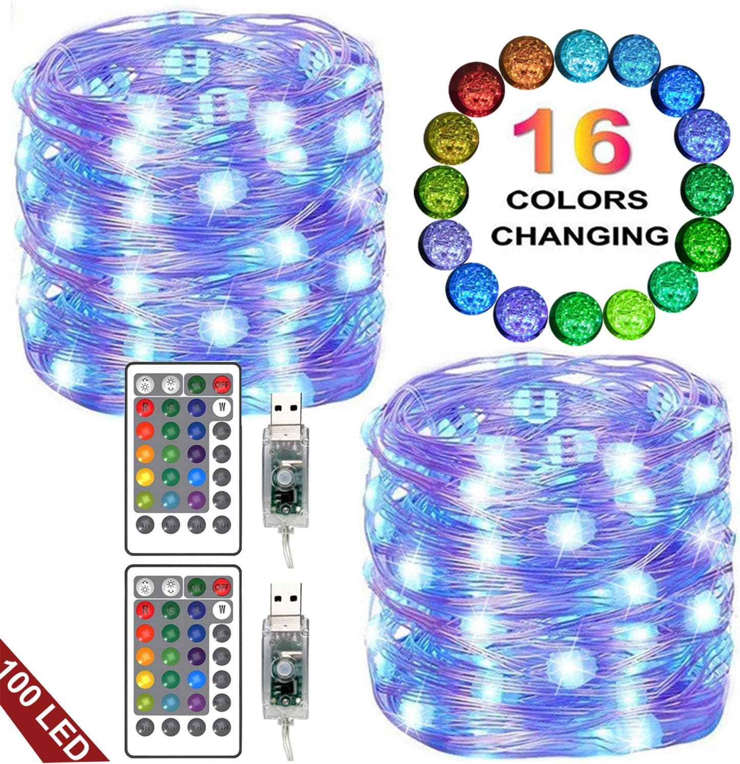 LED String Lights, 2 Set 100 Led USB Powered Multi Color Changing