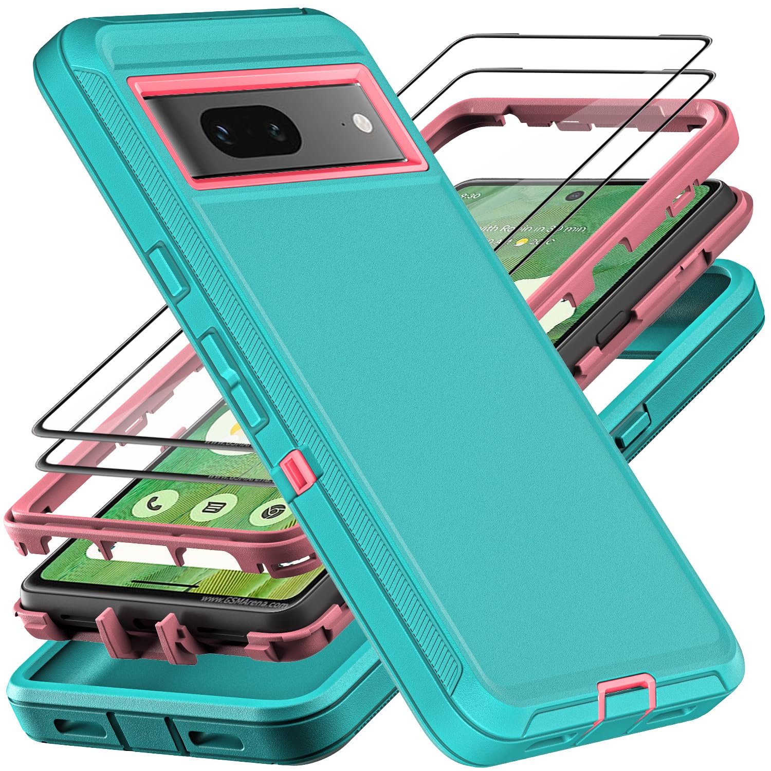YKHJKLEC for Google Pixel 7 Case, Military Grade 3 in 1 Heavy Duty Shockproof/Drop Proof/Dust Proof Case with 2Pcs Tempered Glass Screen Protector (Aqua Blue/Pink)