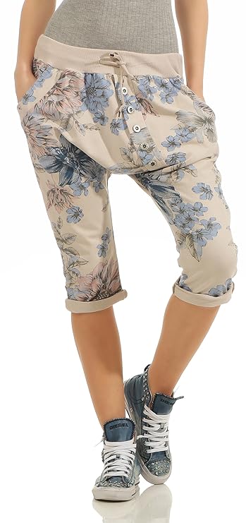 Mississhop Damen Capri Hose Haremshose Ballonhose Pluderhose Pumphose Aladinhose Sommerhose Blumen Print Muster Baggy Pants 3/4