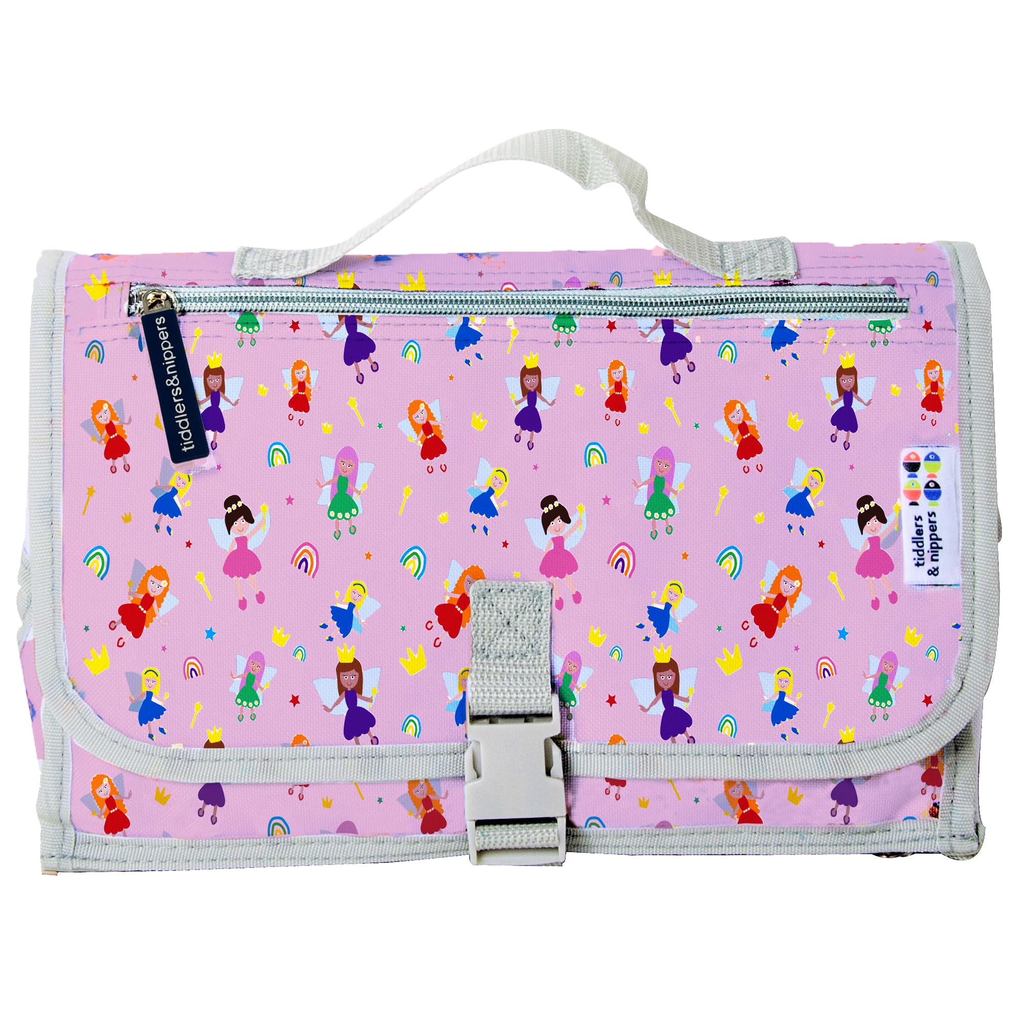tiddler Easy-Change mat | Portable Baby & Toddler Travel Changing Mat | Expandable, Lightweight & Wipe Clean | Multiple Zipped Pockets, Padded Lining, Detachable Clutch & Clip (Fabulous Fairies)