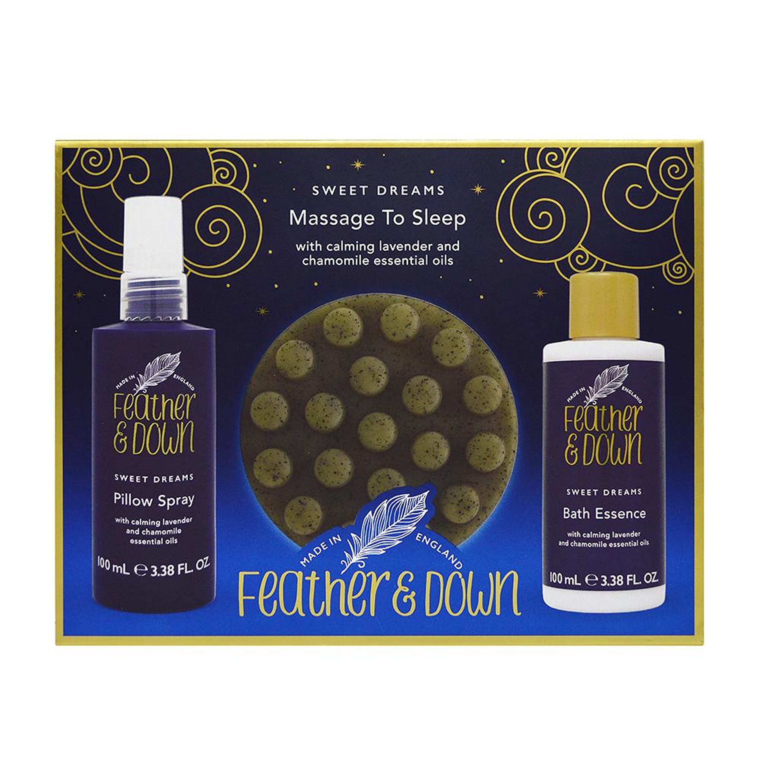 Feather & Down Massage to Sleep Gift Set (Pillow Spray, Massage Soap Bar & Bath Essence) - Infused with Lavender & Chamomile Essential oils. Vegan Friendly & Cruelty Free.