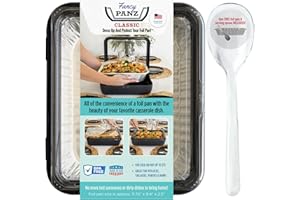 Fancy Panz Classic, Food Serving Tray, Made in the USA Foil Pan Carrier, Stackable Aluminum Pan Holders with Clear Lid, Travel Casserole Carrier With 1 Disposable Foil Pan & Serving Spoon, Charcoal