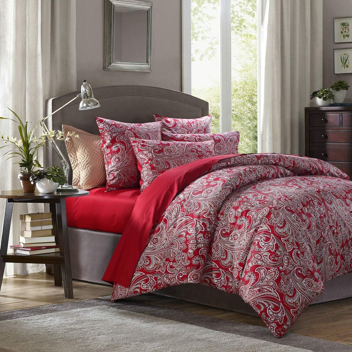 USTIDE 3Pieces Red Damask Paisley Floral Duvet Cover Set 100 Egyptian