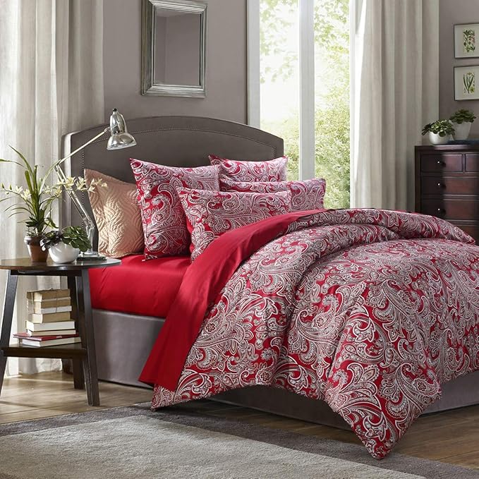 USTIDE 3Pieces Red Damask Paisley Floral Duvet Cover Set 100 Egyptian
