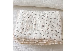 BuLuTu Muslin Cotton Kids Bed Blankets Rose Floral Pattern, 60x78 Inches, Lightweight Children Comforter Toddler Girls Quilts for Twin Bed, Soft Breathable, Machine Washable