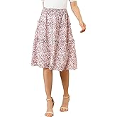 Allegra K Women's Floral Skirts Summer Chiffon Smocked Elastic Waist A-Line Below Knee Length Ruffle Tiered Skirt
