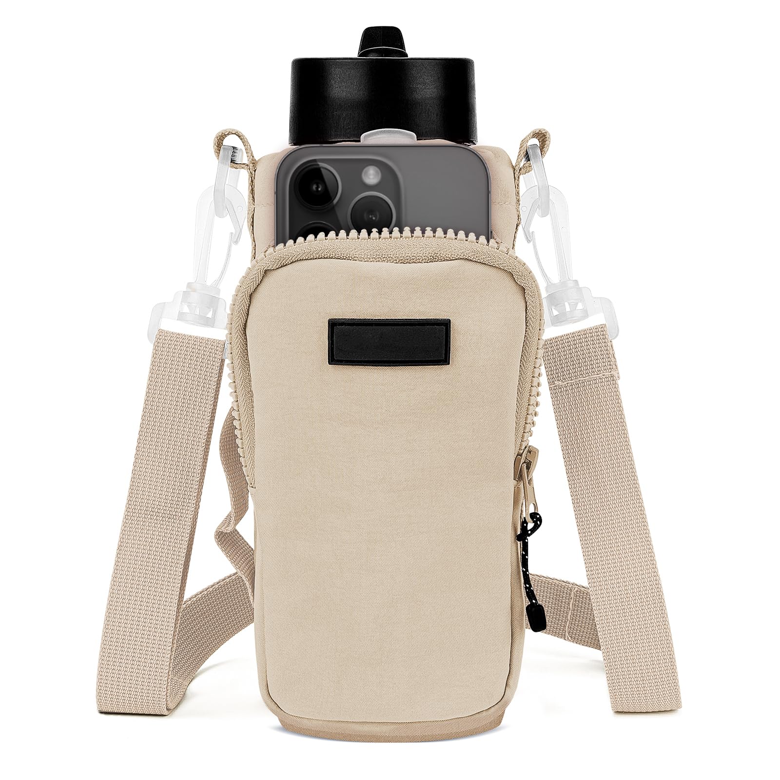 Linkidea Water Bottle Carrier with Strap Compatible with YETI Rambler Bottle 18oz/26oz, Owala FreeSip 24oz/32oz, Waterbottle Sling Bag Holder, Shoulder Strap with Phone Pocket (Beige)