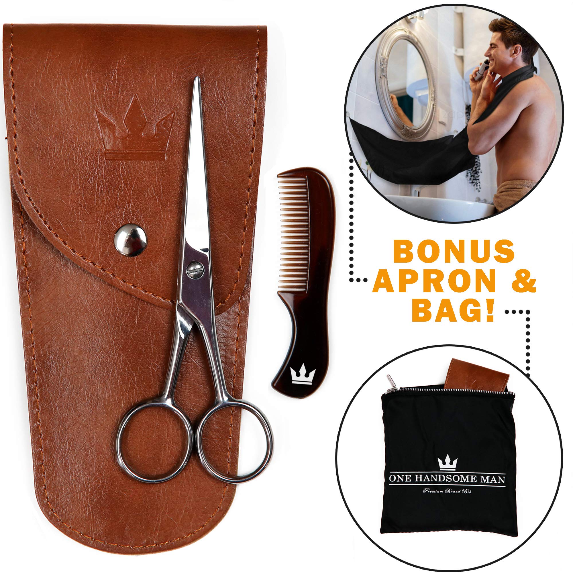 Premium Beard and Mustache Trimming Kit - Includes Scissor, Comb, and Hair Clippings Catcher & Grooming Cape Apron with Travel Bag