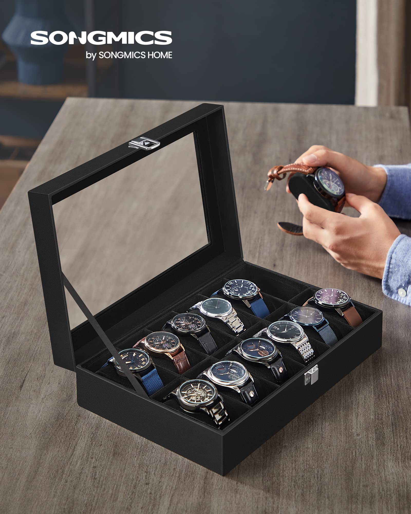 SONGMICS Watch Box Bundle, 12-Slot Watch Case with Glass Lid, Watch Holder with Removable Watch Pillow, Velvet Lining, Metal Clasp, Watch Display, Black UJWB12BK and UJWB012B01