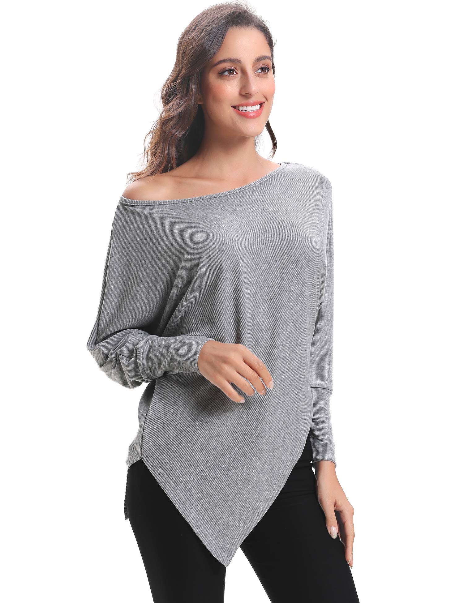 Abollria Women\'s Off Shoulder Knit Jumper Long Sleeve Pullover Fringed Hem Sweater