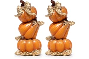 Hodao Thanksgiving Pumpkin Candle Holders Set of 2 – Handcrafted Resin Stacked Pumpkins with Golden Bow, Fall Harvest Table Centerpiece, Autumn Decoration and Gift for Family and Friends