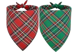 Vivifying Dog Christmas Bandana, 2 Pack Classic Plaid Triangle Pet Scarf for Medium and Large Dogs, Holiday Costume for Festive Photo Prop, Party Decor (X-Large, Green&Red)