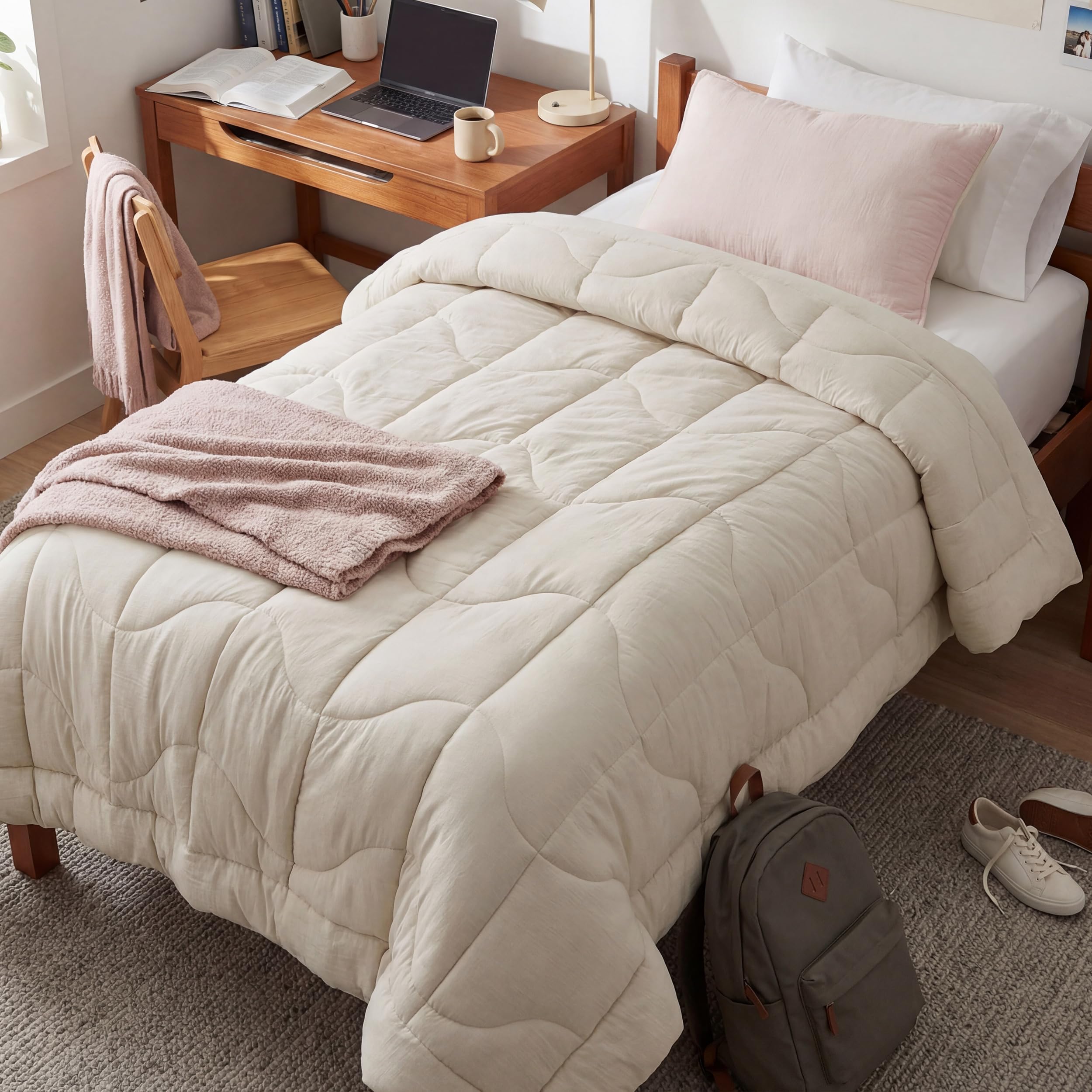 Bedsure Twin XL Comforter - Twin XL Duvet Insert for All Season, Ultra-Soft Quilted Down Alternative Comforter, Blanket for Bed with 4 Tabs, Machine Washabl, Cream, 68x92 in Image