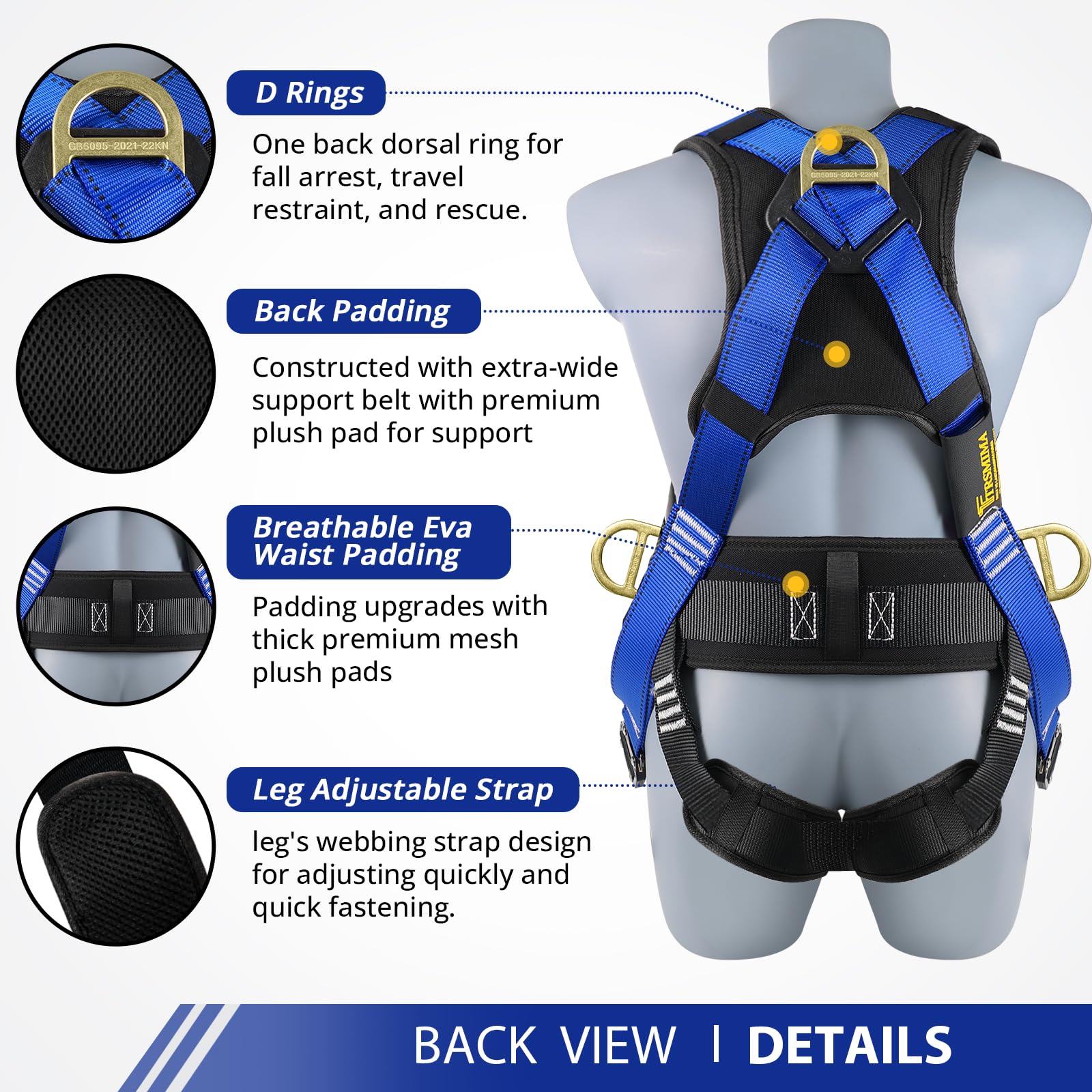 TRSMIMA Safety Harness Fall Protection - Roofing Harness Kit Men Full Body Construction Harness with Lanyard for Work Upgrade 4 Quick Buckles