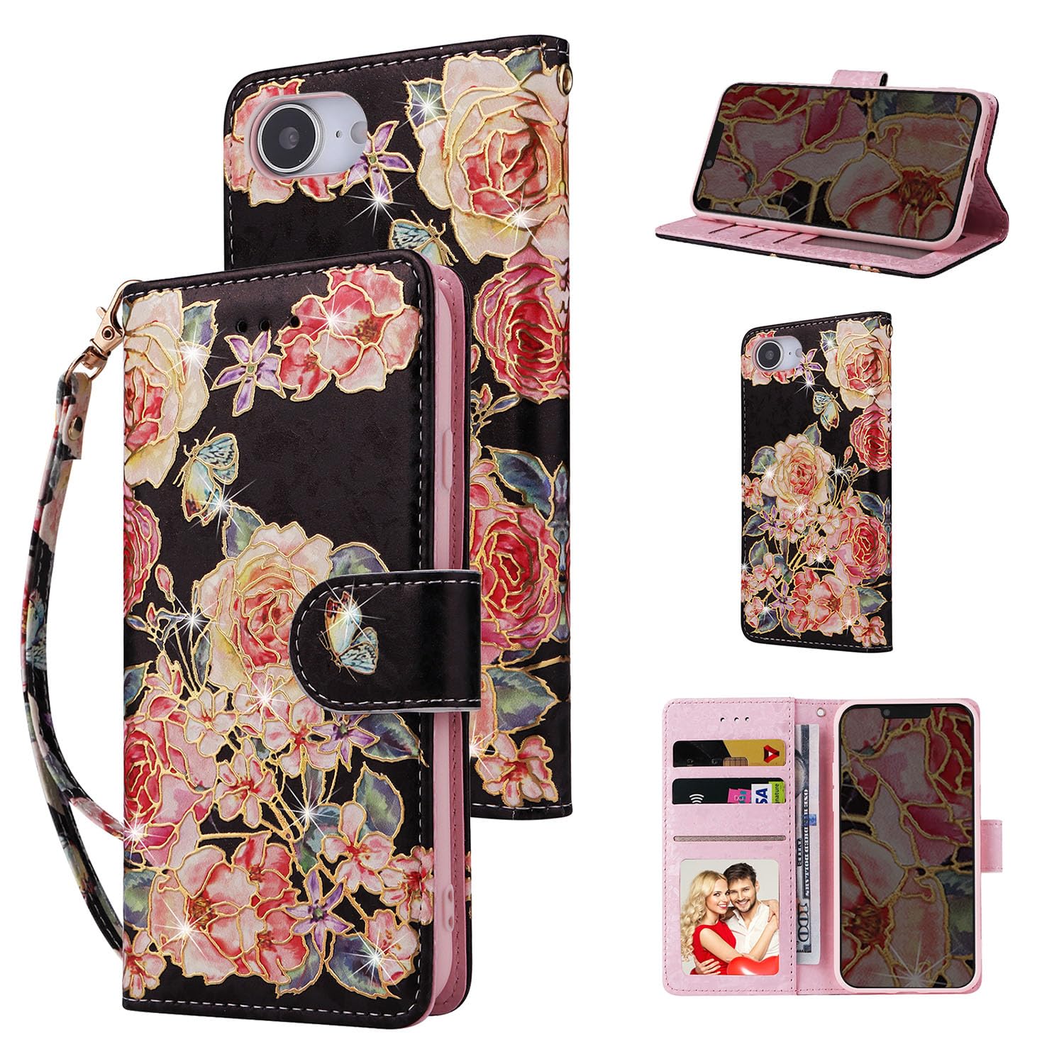 Photo 1 of UEEBAI Wallet Case for iPhone 16e, PU Leather Phone Cover Kickstand RFID Blocking Flip Case Card Slots Wrist Strap Relief Engraved Pattern Magnetic Closure Flower Folio Wallet, Black Rose