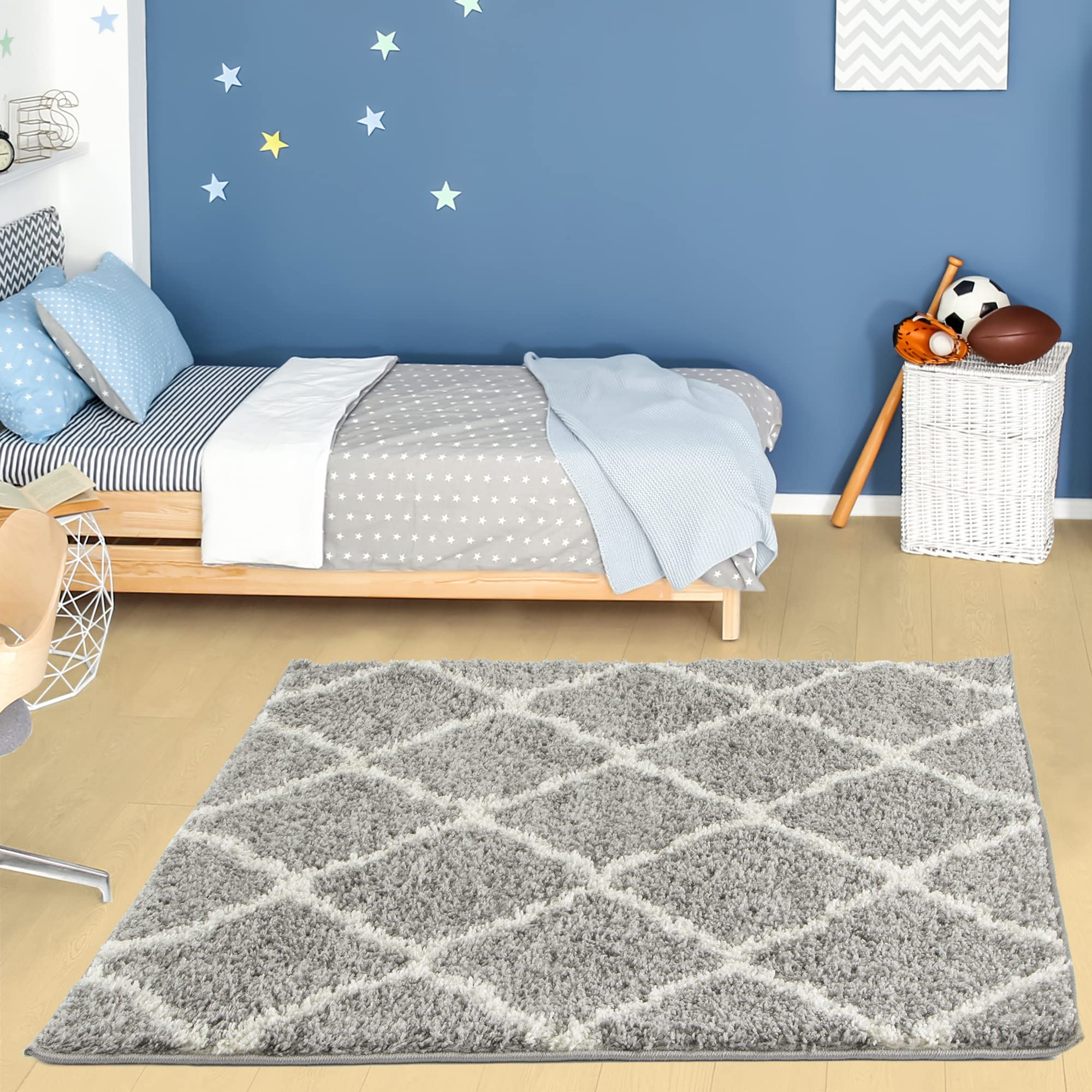THE RUGS Shaggy Rug – Modern Moroccan Design Rugs for Living Room, Bedroom, Hallway, 3 cm Thick Area Rugs, (Moroccan Grey/Ivory, 120cm Square)