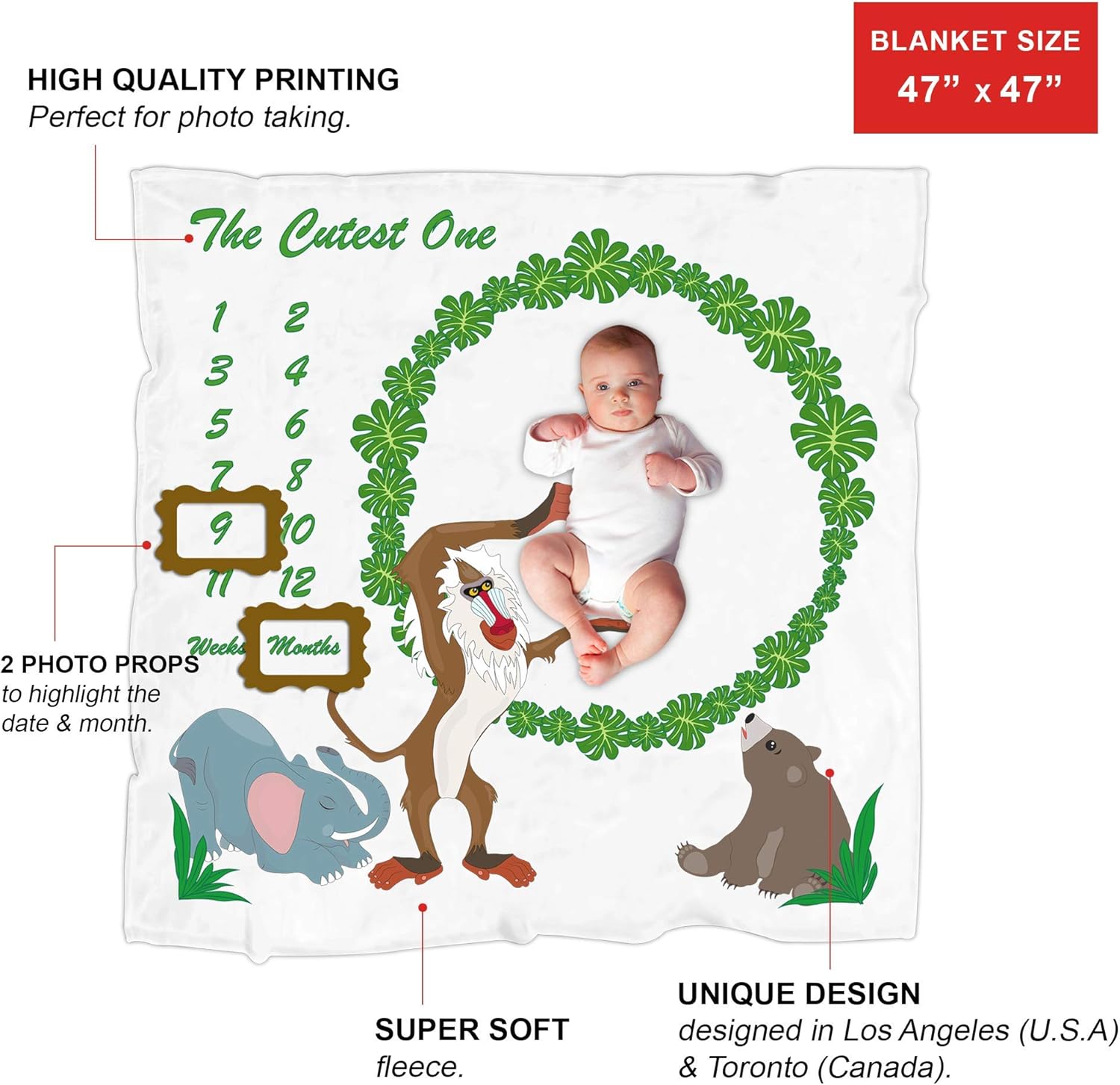 Amazoncom Baby Monthly Milestone Blanket Large 47 X 47 Flannel Fleece Baby Blanket Newborn Photography Backdrop With Frame Photo Props Jungle Animals Kitchen Dining