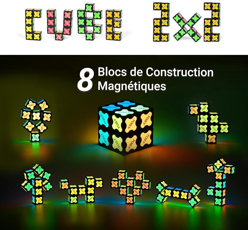 Magnet Cube 2x2-8 Blocs, Jouet 2-en-1: Cube Puzzle 2x2x2 et Cube Infini Personnalisable, Phosphorescent, Lampe UV Incluse, Fidget/sensoriel, Jouet STEM/Steam, idée Cadeau Enfants/Ados/Adultes