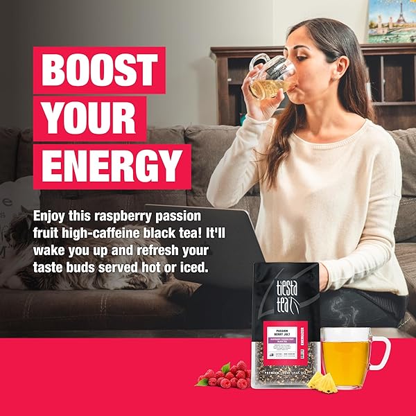 TIESTA TEA – PASSION BERRY JOLT, LOOSE LEAF, RASPBERRY PASSION FRUIT BLACK TEA, PREMIUM BLEND, CAFFEINATED BLACK, MAKE HOT OR ICED BREWS UP TO 200 CUPS, 16OZ RESEALABLE BULK POUCH