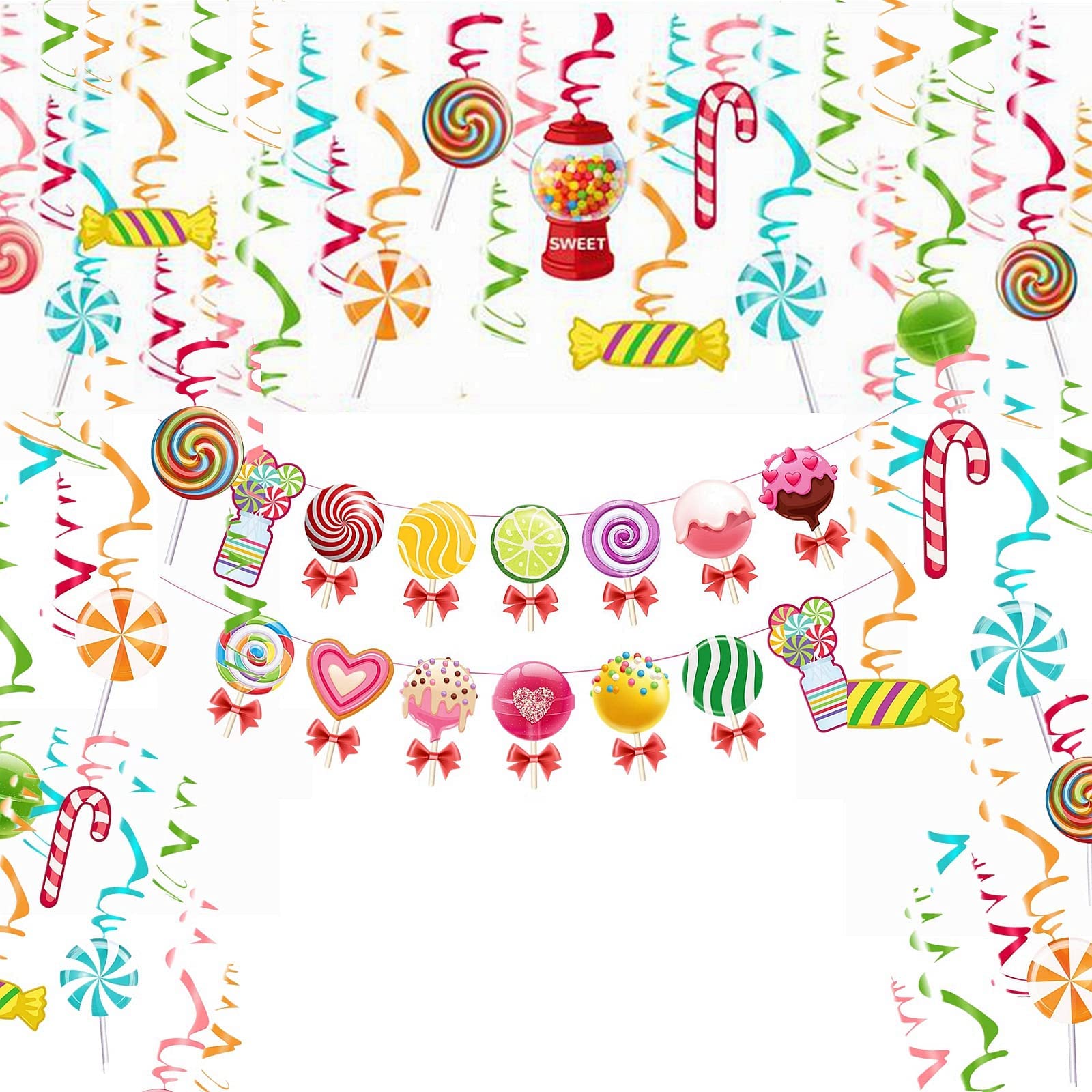 30 Swirls & 1 Banner Candy Party Decoration Kit Candy Lollipop Hanging Swirls & Banner Set CandyLand Decorations for Birthday Classroom Events Sweet Shop Party Supplies
