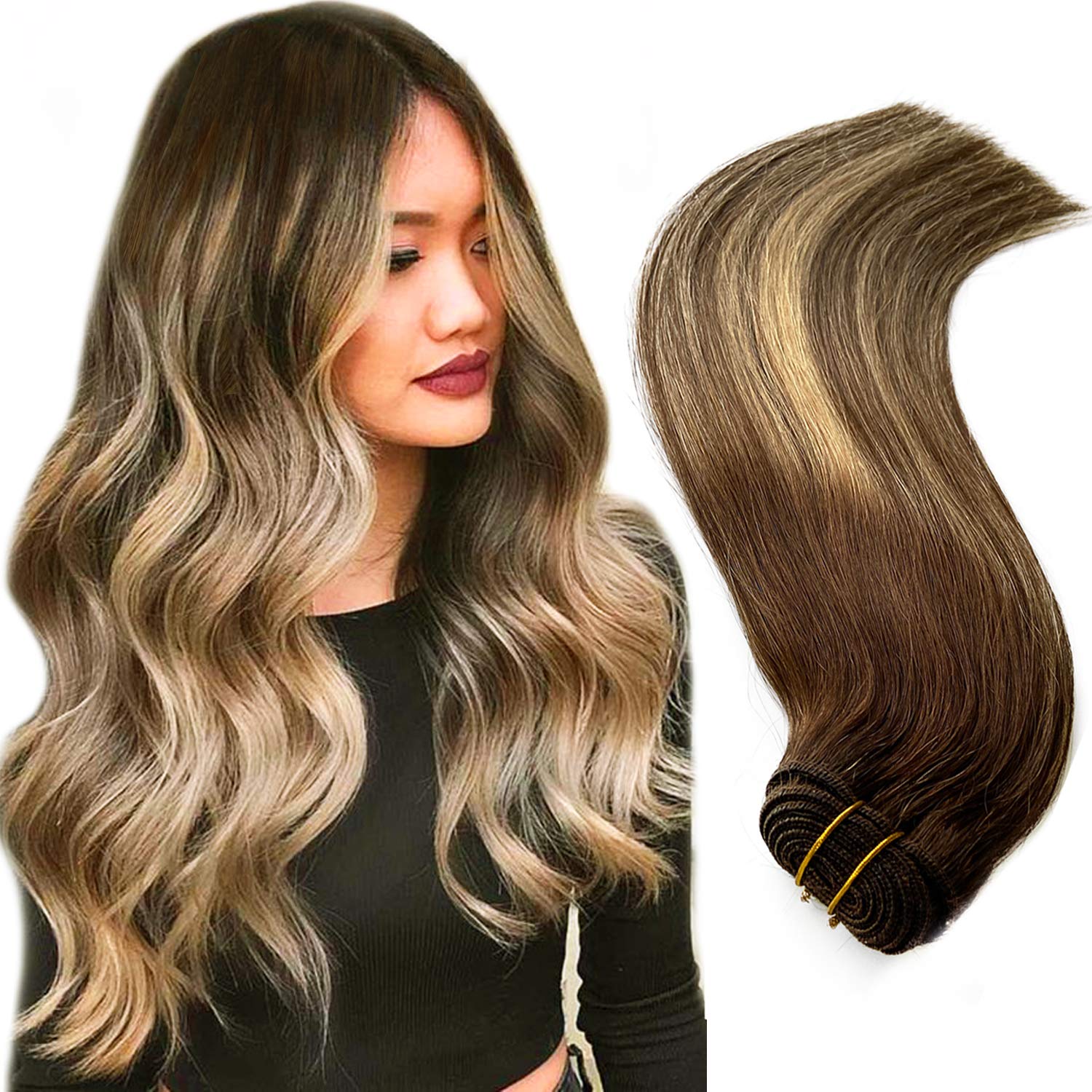 Sew in Hair Weft Extensions Brown Roots to Chocolate Brown with Honey Blonde Highlights Straight Brazilian Virgin Human Hair Bundles 100G/Set for Women 20" Hand Tied Double Wefted Weave Extensions