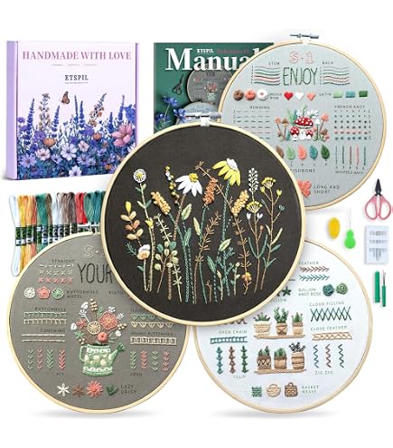 Kit Da Ricamo Per Principianti Lecqizu - Starter Set 4 Pezzi Con 33 Punti, Telaio E Fili Colorati - 6