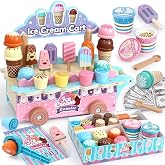 Atoylink Wooden Ice Cream Toys for Kids Pretend Play Food Toys with Scoop &amp; Menu &amp; Fake Money, Ice Cream Cart Play Store Toys for Toddlers Girls 3 4 5 6 Year Old Gift