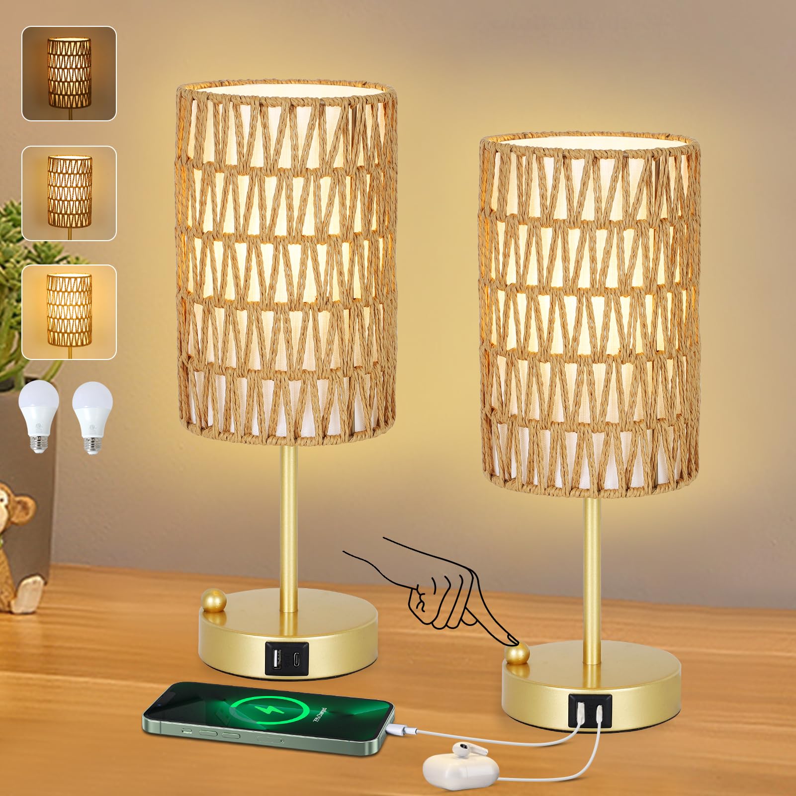 Photo 1 of Eayaya Gold Bedside Lamps Set of 2, Touch Control Night Stand Lamp for Bedroom with Rattan & Linen Shade & Bulbs, 3 Way Dimmable Small Boho Table Lamps with USB Charging Port & Phone Stand