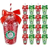 Patelai 30 Set Christmas Cup Gifts Include Red and Green Plastic Cups with Dome Lids Straws Decorative Bows and Raffia Disposable Clear Cups for Friends Coworker Teachers Gift Christmas Party Favor