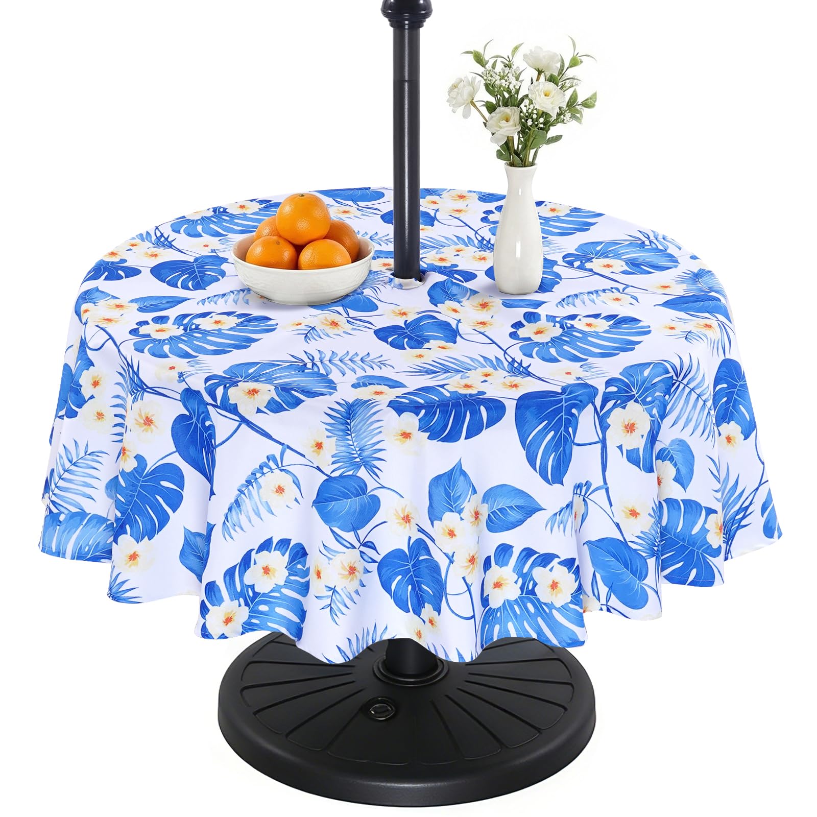 Eternal Beauty 152cm Round Blue Leaf Indoor Outdoor Splashproof Tablecloth with Umbrella Hole and Zipper for Patio Garden Party and BBQ （60"）