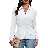 Blooming Jelly Womens Peplum Business Casual Tops Dressy Work V Neck Blouses Long Sleeve Smocked Polo Collared Shirts